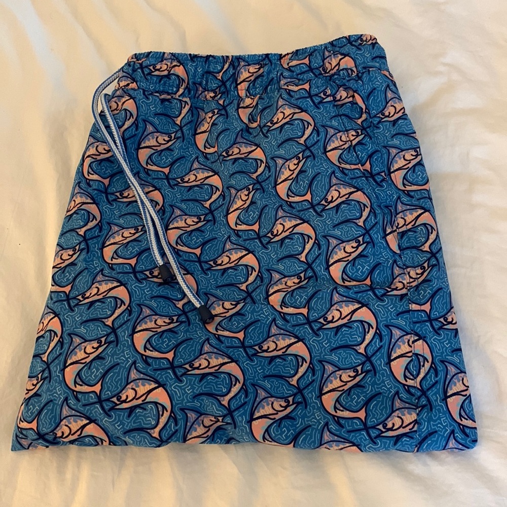 Peter Millar Blue and Pink Fish-Print Men’s Swim Trunks